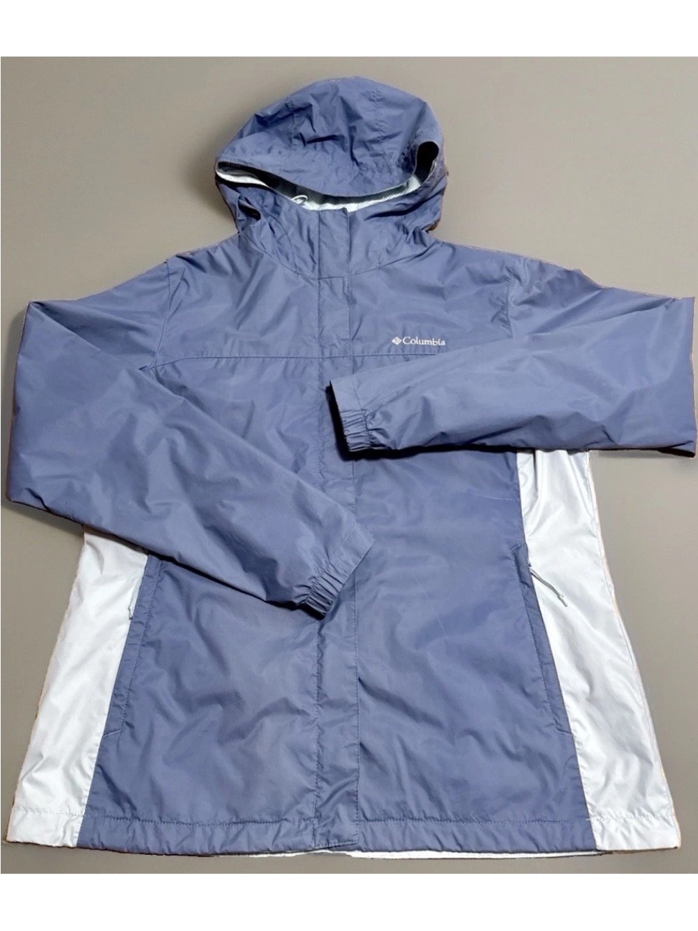 Columbia Jacket Raincoat - Large Blue Full Zip Pockets Hood Lightweight Lined